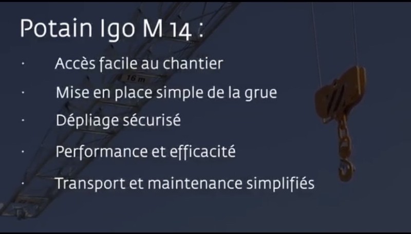 Vente de grue de chantier modèle IGO M14 de la marque Potain avec groupe électrogène emporté
